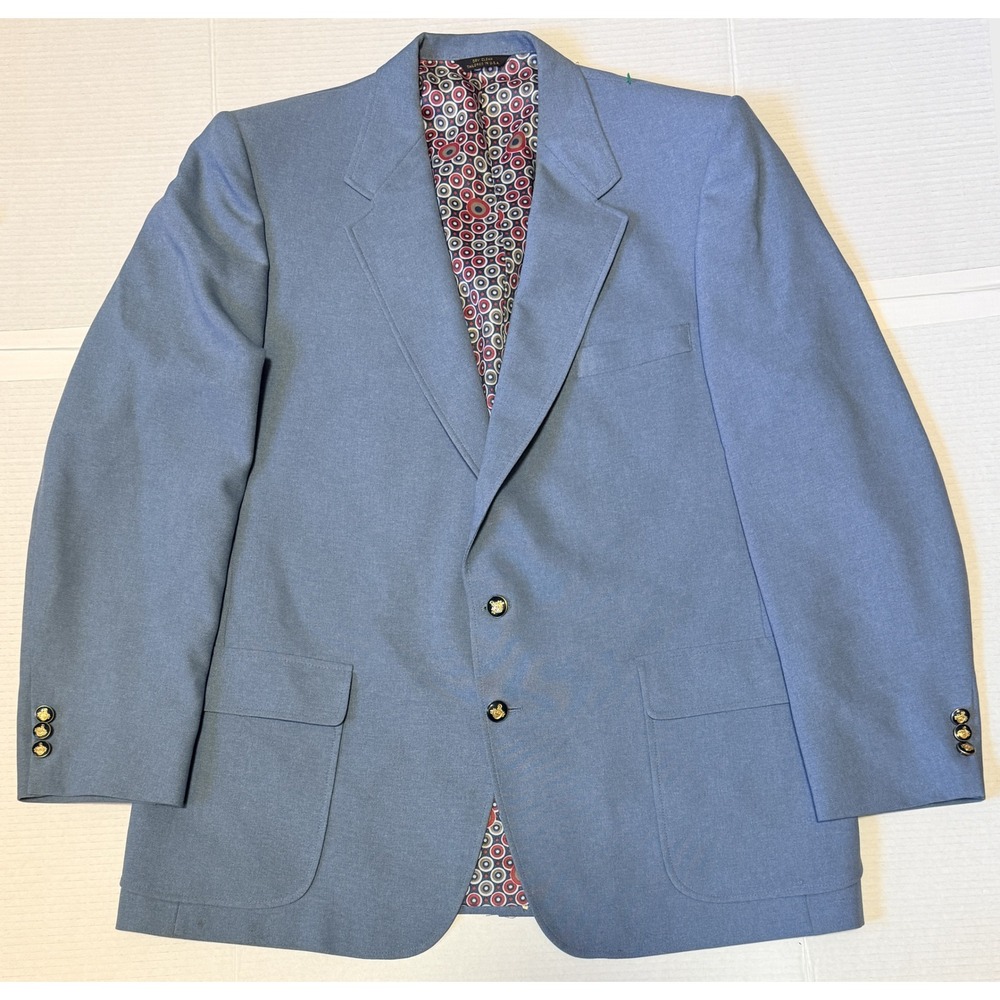 THE KNACK - Men's Blazer - Vintage 70s Blue Gold Crest Button Sport Coat - 46R